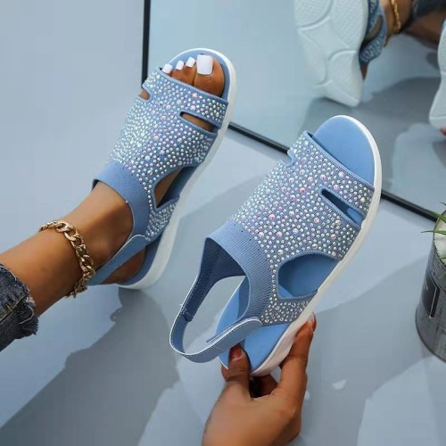 Summer New Flying Woven Hot Drill Breathable Solid Color Rhinestone Beach Summer Sandals