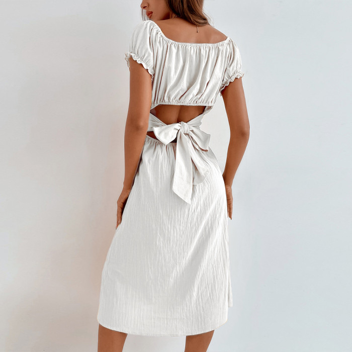 New Bandeau High Waist Short Sleeve Slim Fit Solid Color Midi Dresses