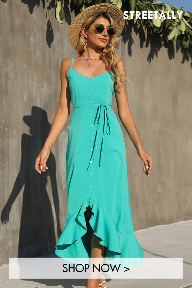 Summer New Suspenders Single-breasted Solid Color Swing Maxi Dresses