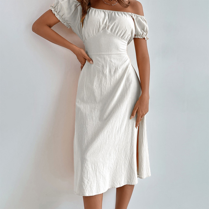 New Bandeau High Waist Short Sleeve Slim Fit Solid Color Midi Dresses