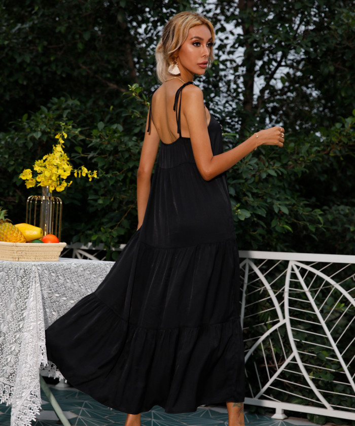 Elegant Sling Bow Black Swing Solid Maxi Dresses