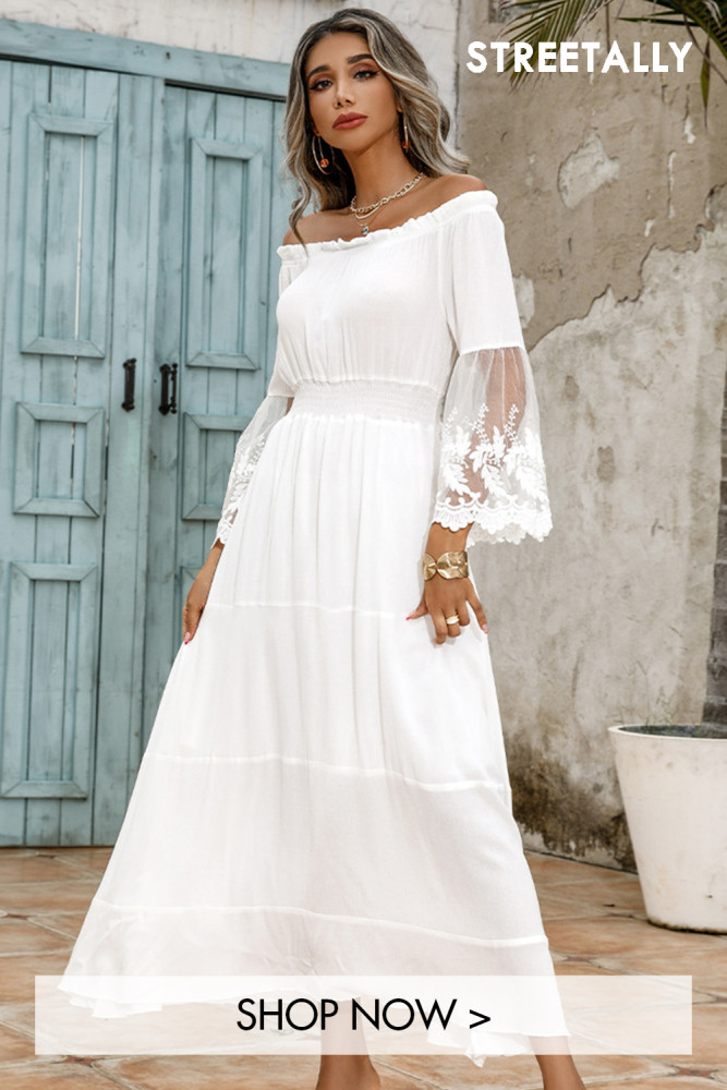 New White Off-Shoulder Lace Panel Maxi Dresses
