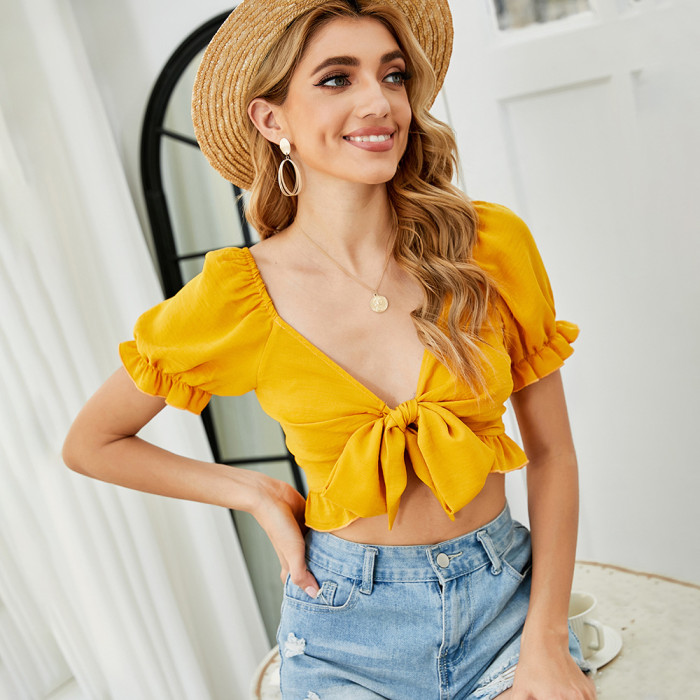 Women's New V-Neck Bow Sexy Cropped Top Blouses & Shirts