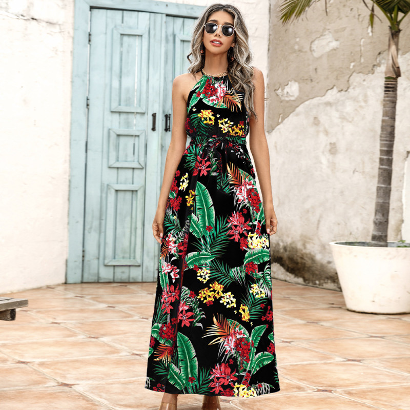 New Boho Print Sleeveless Halter Maxi Dresses