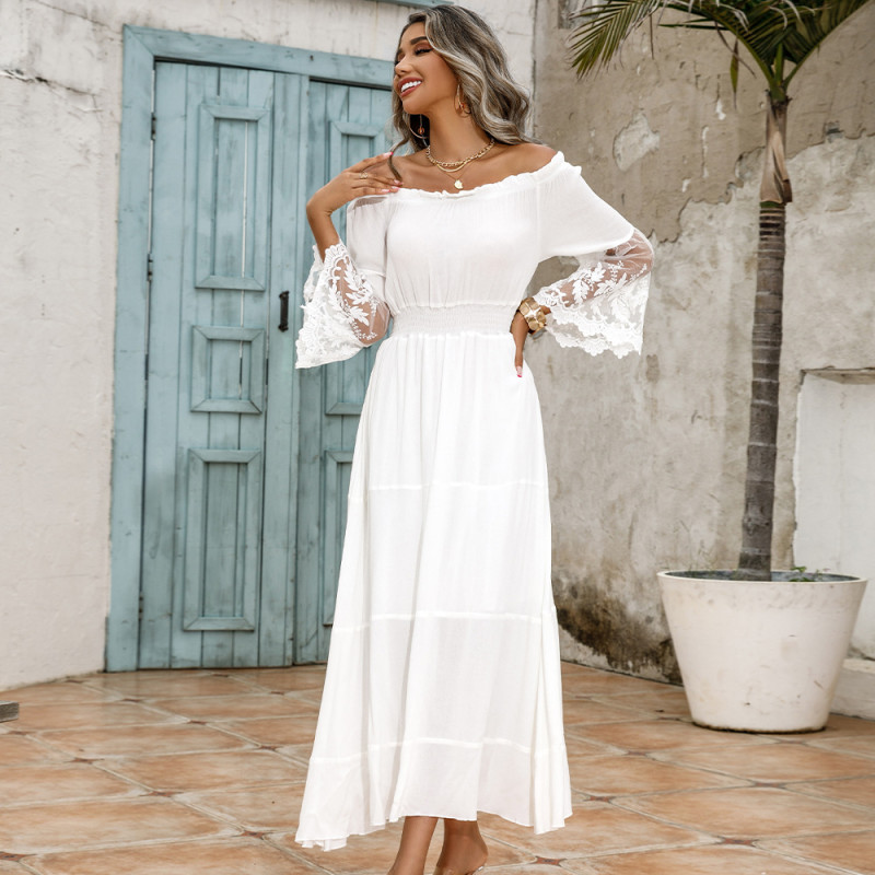 New White Off-Shoulder Lace Panel Maxi Dresses