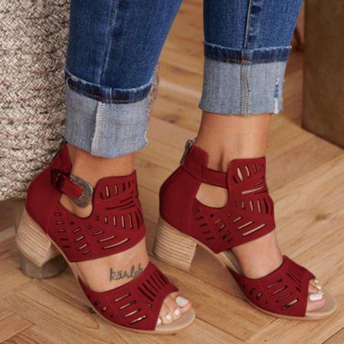 Summer New Hollow Carved Thick Heels Plus Size Ladies Heels