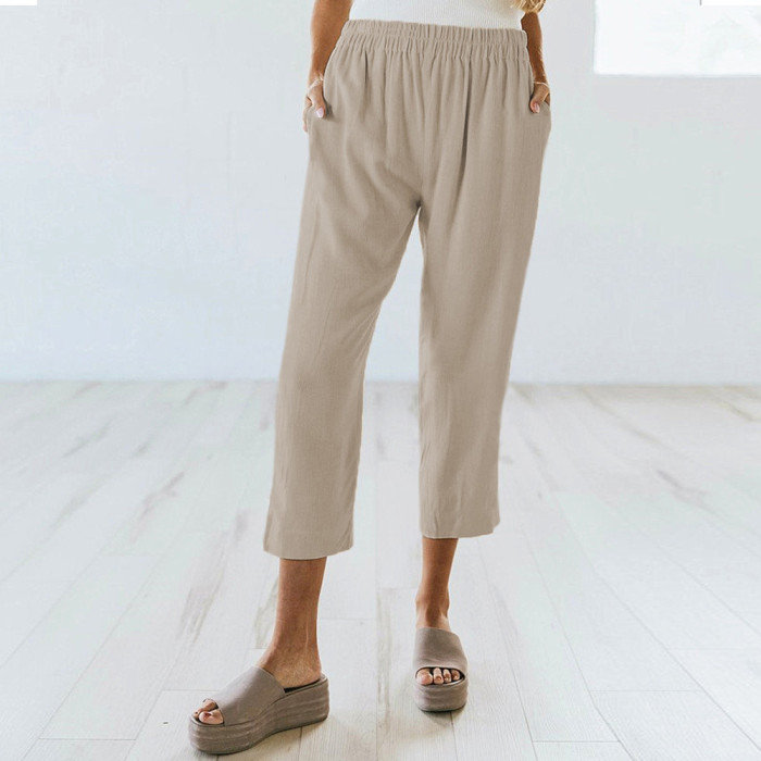 New Solid Color Cropped Pants Straight Waist Elastic Casual Pants
