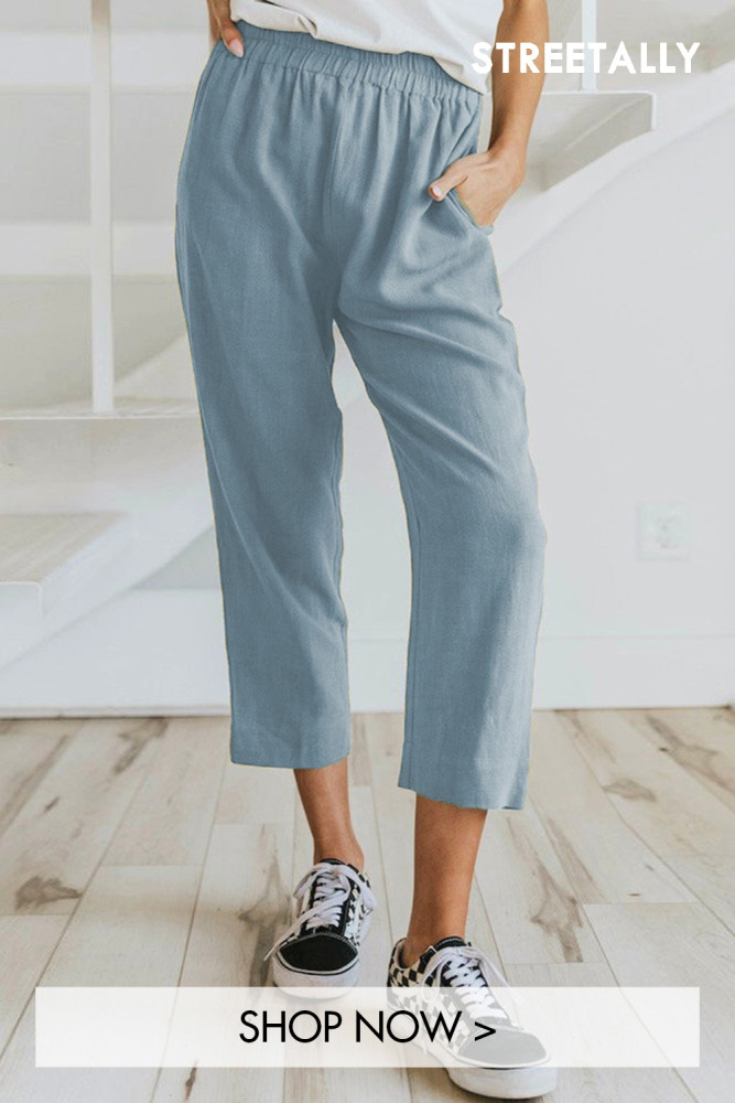 New Solid Color Cropped Pants Straight Waist Elastic Casual Pants