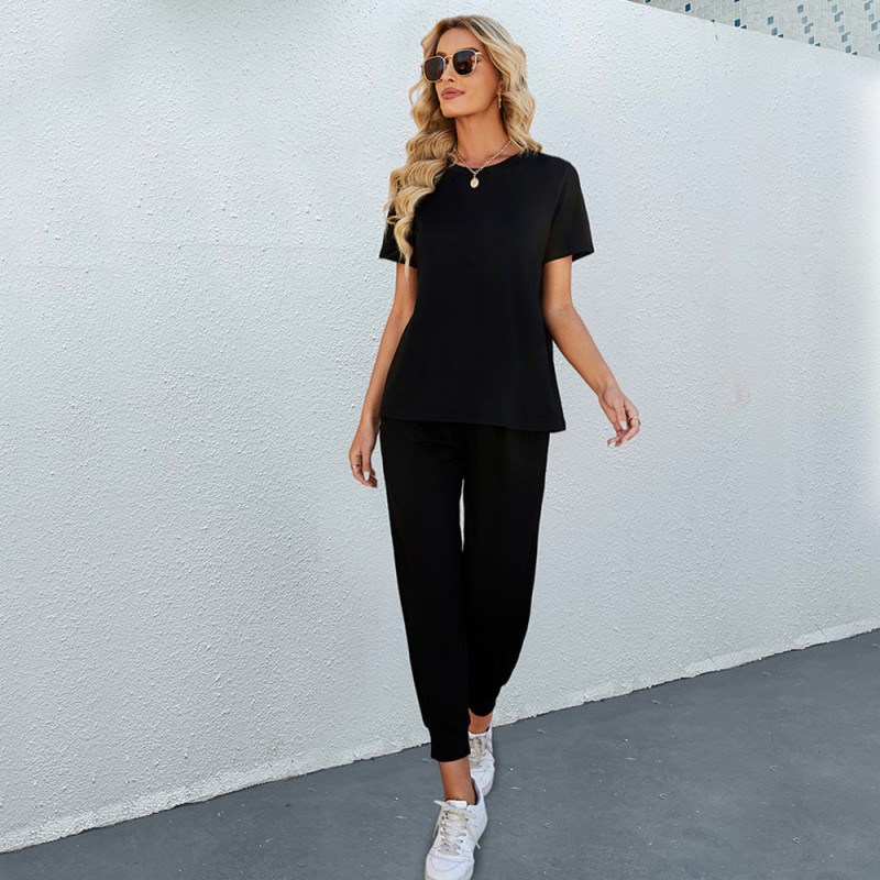 New Solid Color Short Sleeve Crew Neck Trousers Casual Two-piece Outfits