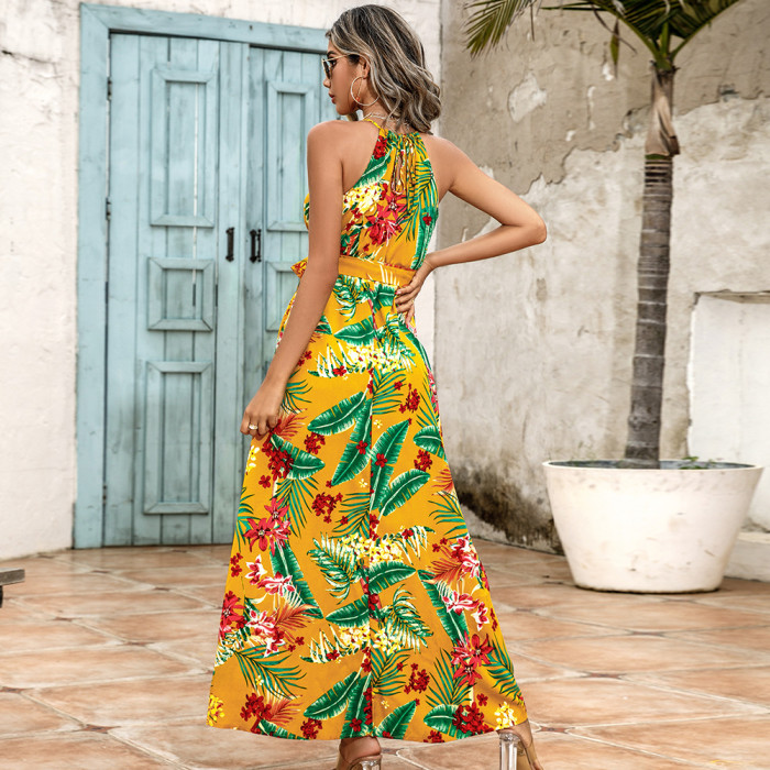 New Boho Print Sleeveless Halter Maxi Dresses