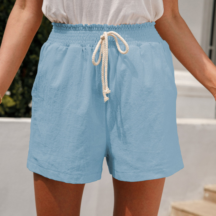 New Summer Solid Color Straight Tie Elastic Casual Shorts