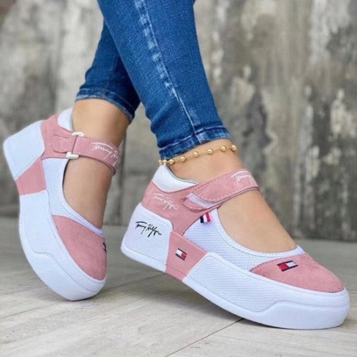 Summer New Thick Bottom Fly Woven Mesh Plus Size Velcro Platform Sneakers