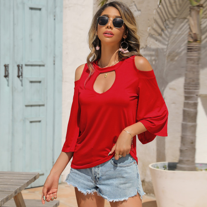 Women's Red Half Sleeve Crew Neck Top Pullover Off Shoulder Cutout T-Shirts
