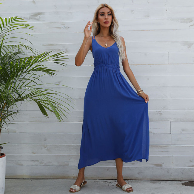 Summer Suspenders Waist Solid Color Swing Maxi Dresses