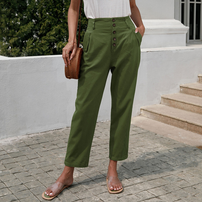 New Solid Color Cropped Straight Pockets Waist Casual Pants