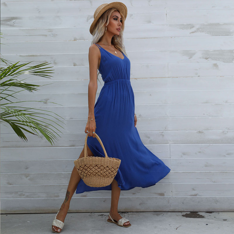 Summer Suspenders Waist Solid Color Swing Maxi Dresses