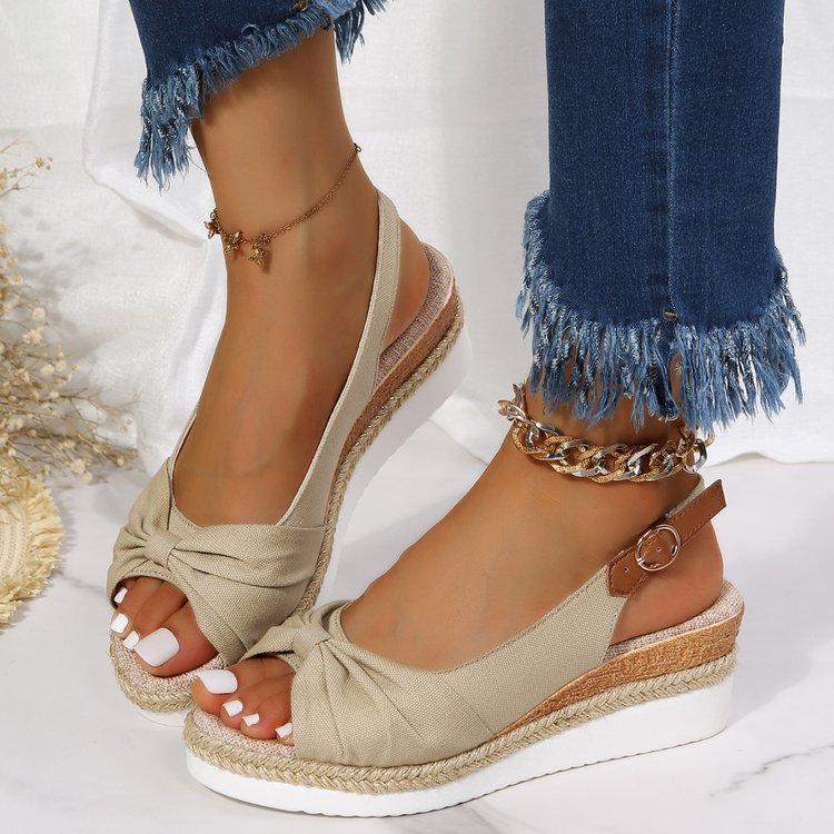 New Large Size Hemp Rope Bow Casual Wedge Sandals