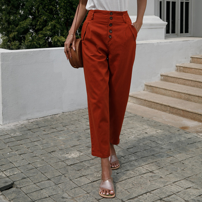 New Solid Color Cropped Straight Pockets Waist Casual Pants