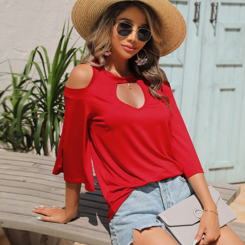 Women's Red Half Sleeve Crew Neck Top Pullover Off Shoulder Cutout T-Shirts