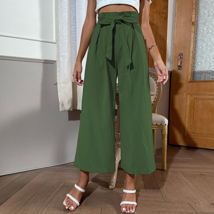 New Pants Solid Color Cropped Wide Leg Belt Bow Pants