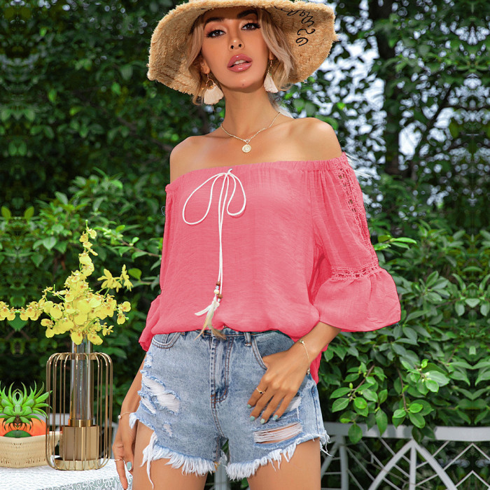 Solid Color One-Line Neck Off Shoulder Half Sleeves Ruffled Women's Blouses & Shirts