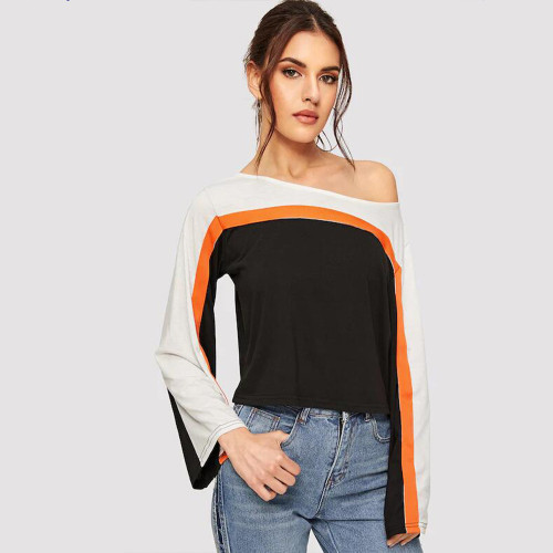 Solid Color Flared Sleeve Crew Neck Top Pullover Off Shoulder Stitching T-Shirts