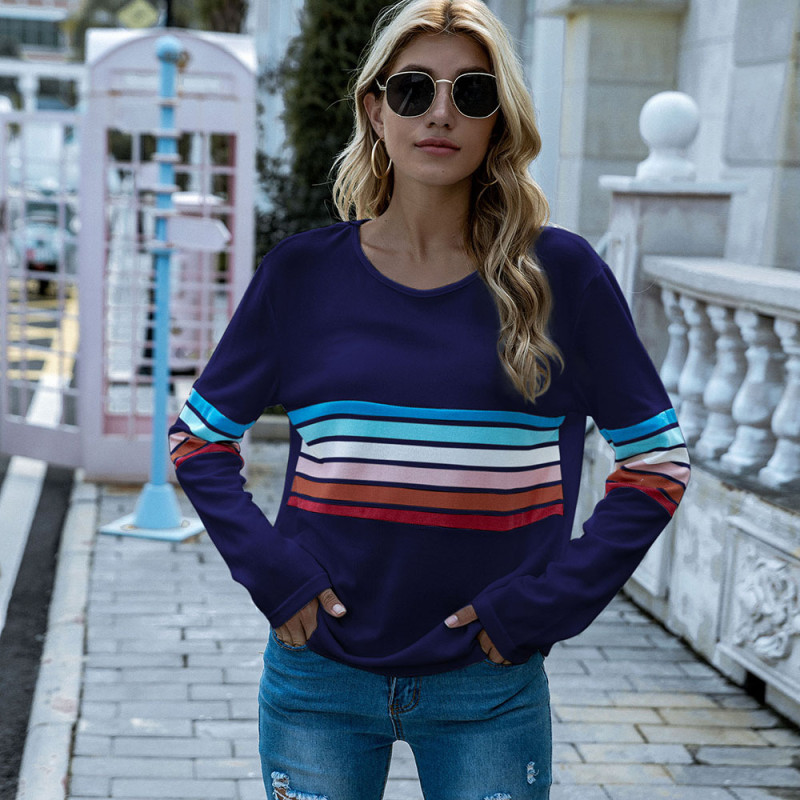 New Tops Round Neck Long Sleeves Striped Stitching Loose Casual T-Shirts