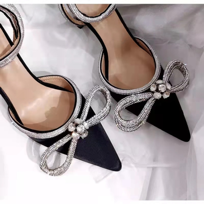 Women's Summer New Pointed Bow Fashion Toe Head Rhinestone Stiletto Heels