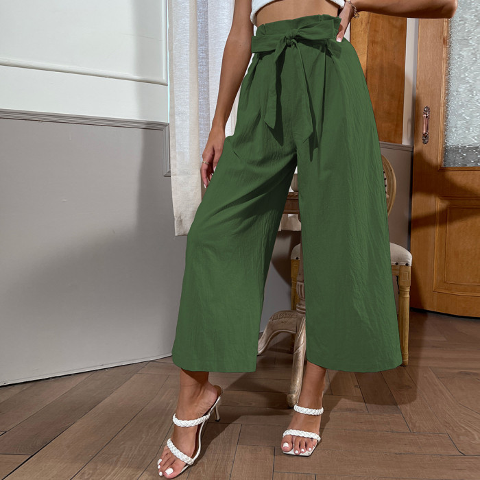 New Pants Solid Color Cropped Wide Leg Belt Bow Pants