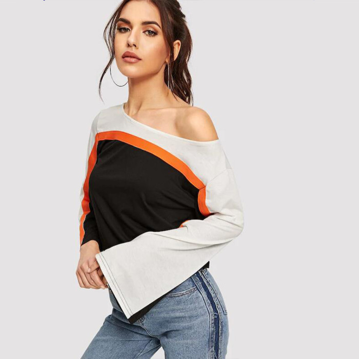 Solid Color Flared Sleeve Crew Neck Top Pullover Off Shoulder Stitching T-Shirts