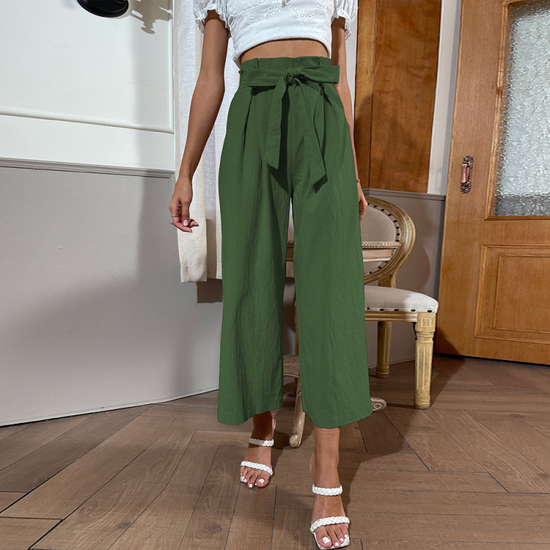 New Pants Solid Color Cropped Wide Leg Belt Bow Pants