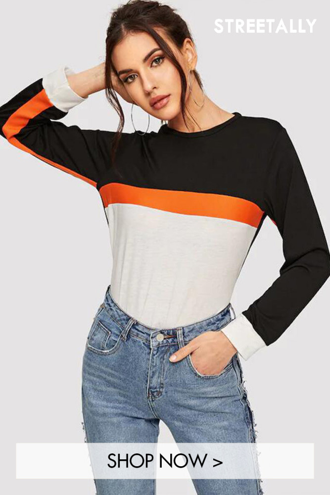 New Solid Color Long Sleeve Crew Neck Top Multicolor Stitching T-Shirts