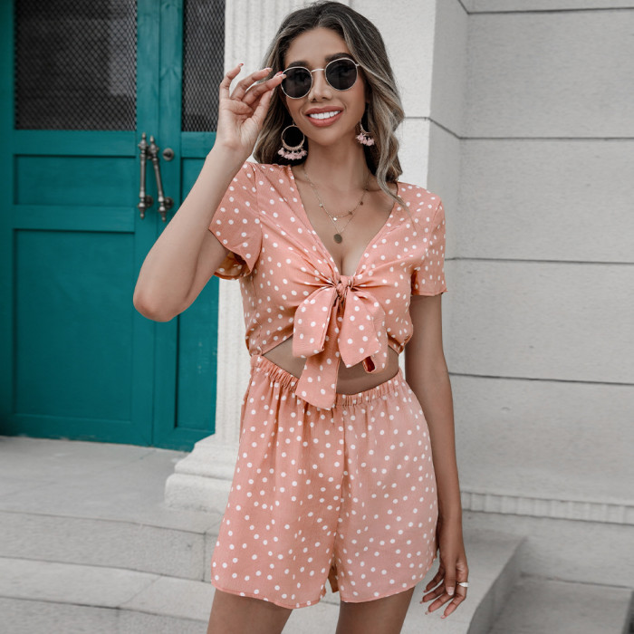 New V-Neck Bow Cutout Cropped Navel Polka-Dot Rompers