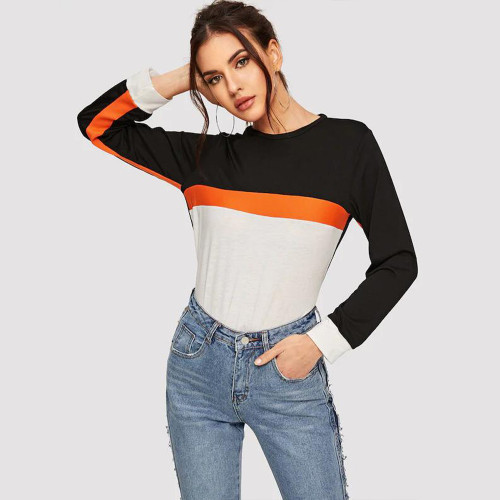 New Solid Color Long Sleeve Crew Neck Top Multicolor Stitching T-Shirts