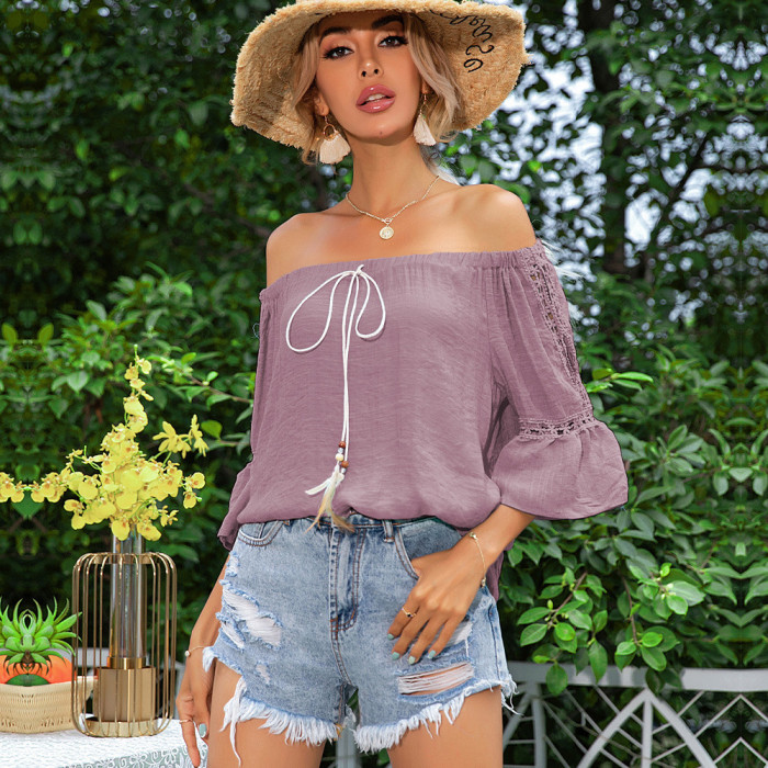 Solid Color One-Line Neck Off Shoulder Half Sleeves Ruffled Women's Blouses & Shirts