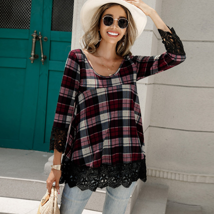 Women's Long Sleeve U Neck Check Lace Panel Loose Top Blouses & Shirts