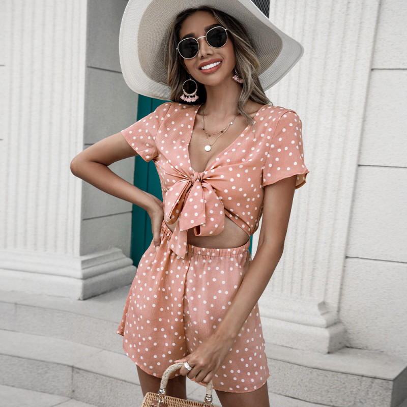 New V-Neck Bow Cutout Cropped Navel Polka-Dot Rompers