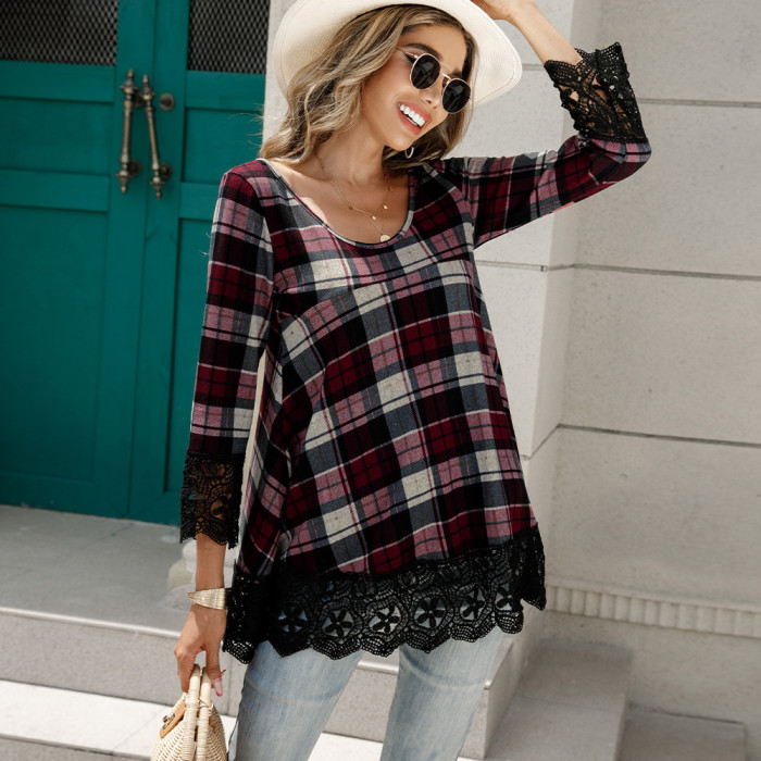 Women's Long Sleeve U Neck Check Lace Panel Loose Top Blouses & Shirts