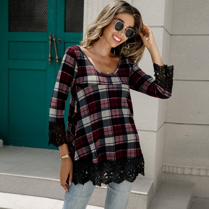 Women's Long Sleeve U Neck Check Lace Panel Loose Top Blouses & Shirts
