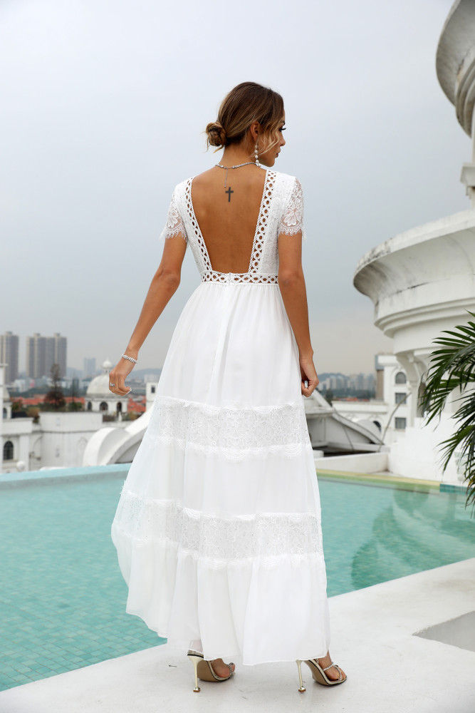 White Lace Temperament Sexy Backless Maxi Dresses