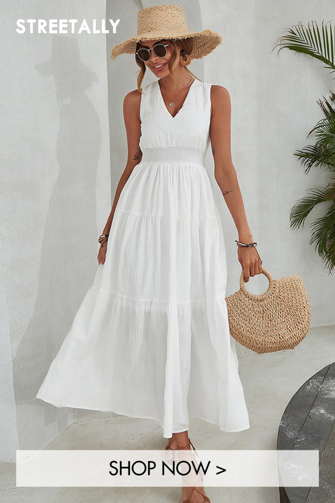 The New White V-neck Open-back Tie Wraps The Waist And Swings Maxi Dresses