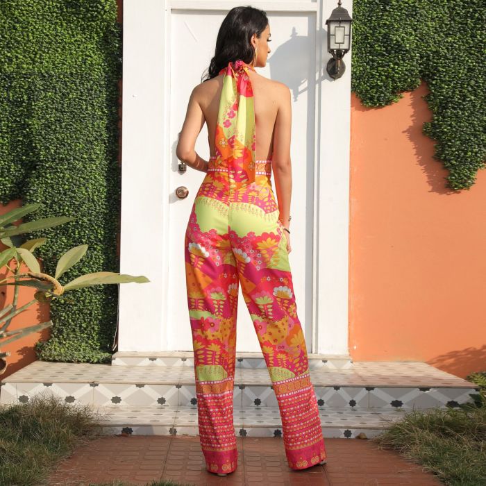 Spring/summer Red High-waisted Straight-type Wide-leg Open-back Holiday Style Jumpsuits