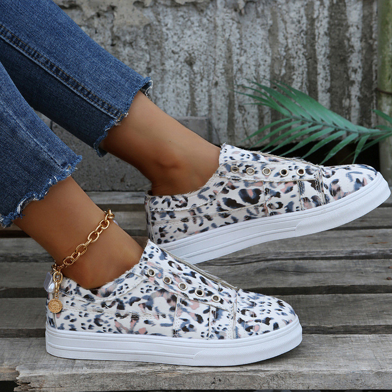 Large Size Leopard Print Spring And Summer New Flat Bottom Shallow Mouth Canvas Shoes