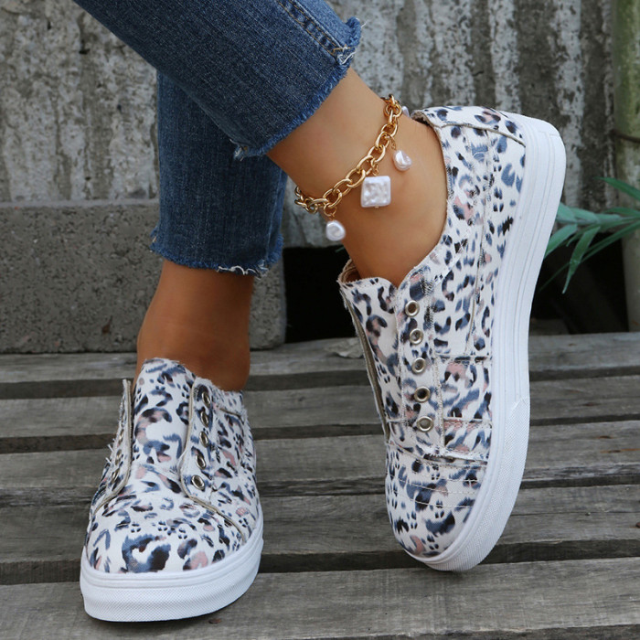 Large Size Leopard Print Spring And Summer New Flat Bottom Shallow Mouth Canvas Shoes