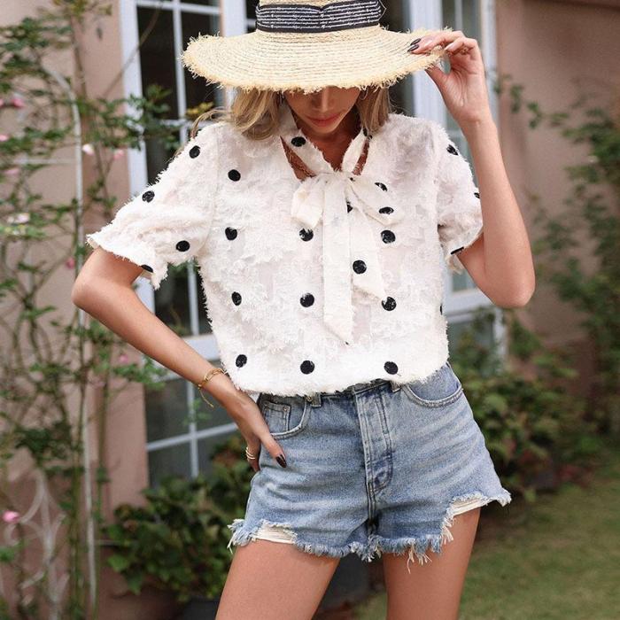 New White Short Sleeve Polka Dot Jacquard Chiffon Summer Blouses & Shirts