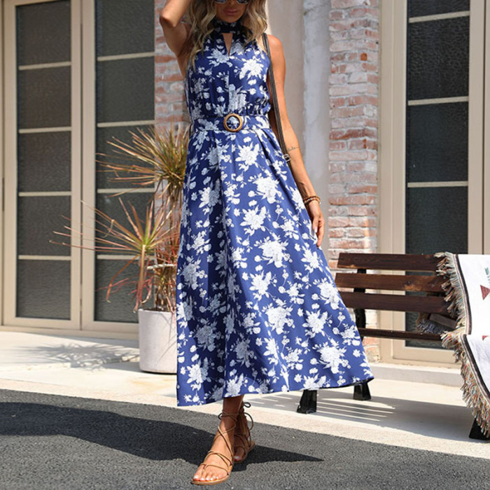 New Casual Fashion Women's Resort Print Blue Halter Maxi Dresses