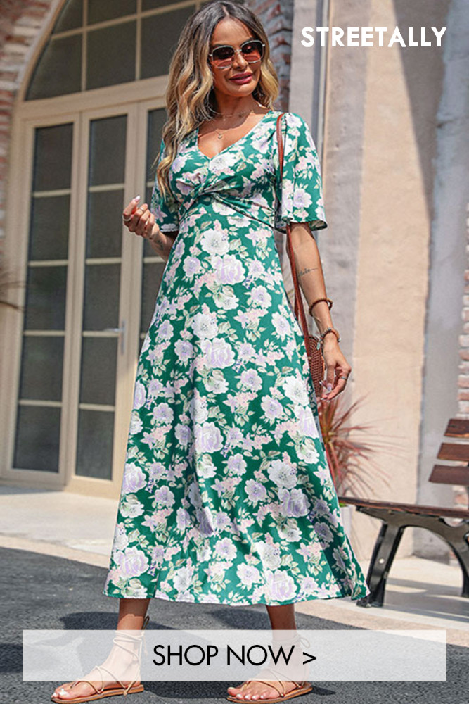 New Summer Casual Deep V Big Flower Green Elegant Maxi Dresses