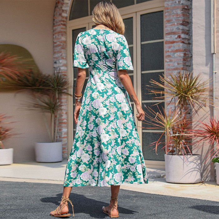 New Summer Casual Deep V Big Flower Green Elegant Maxi Dresses