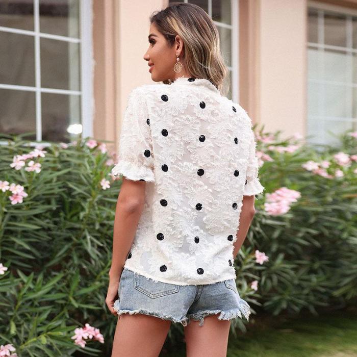 New White Short Sleeve Polka Dot Jacquard Chiffon Summer Blouses & Shirts