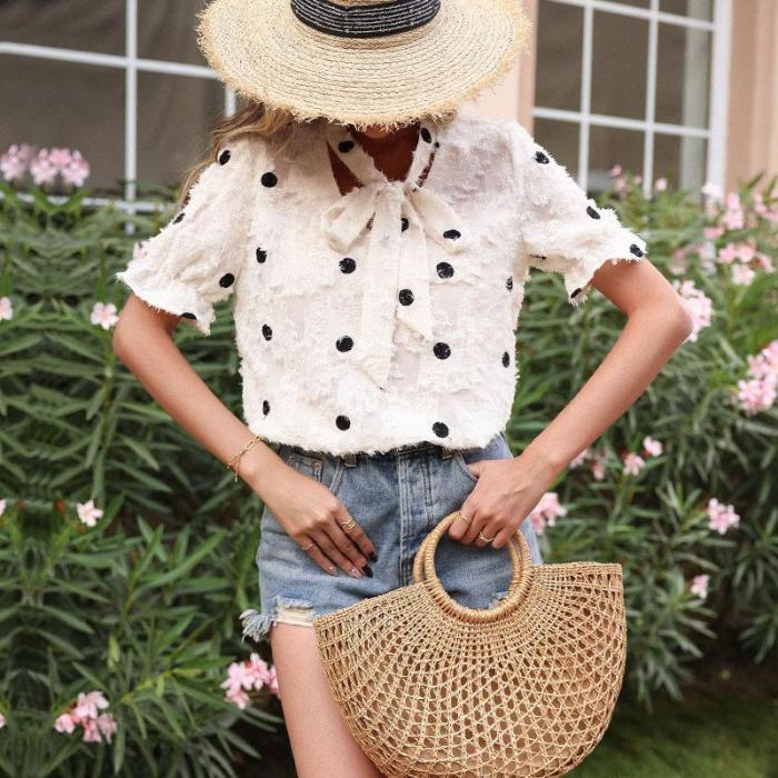New White Short Sleeve Polka Dot Jacquard Chiffon Summer Blouses & Shirts